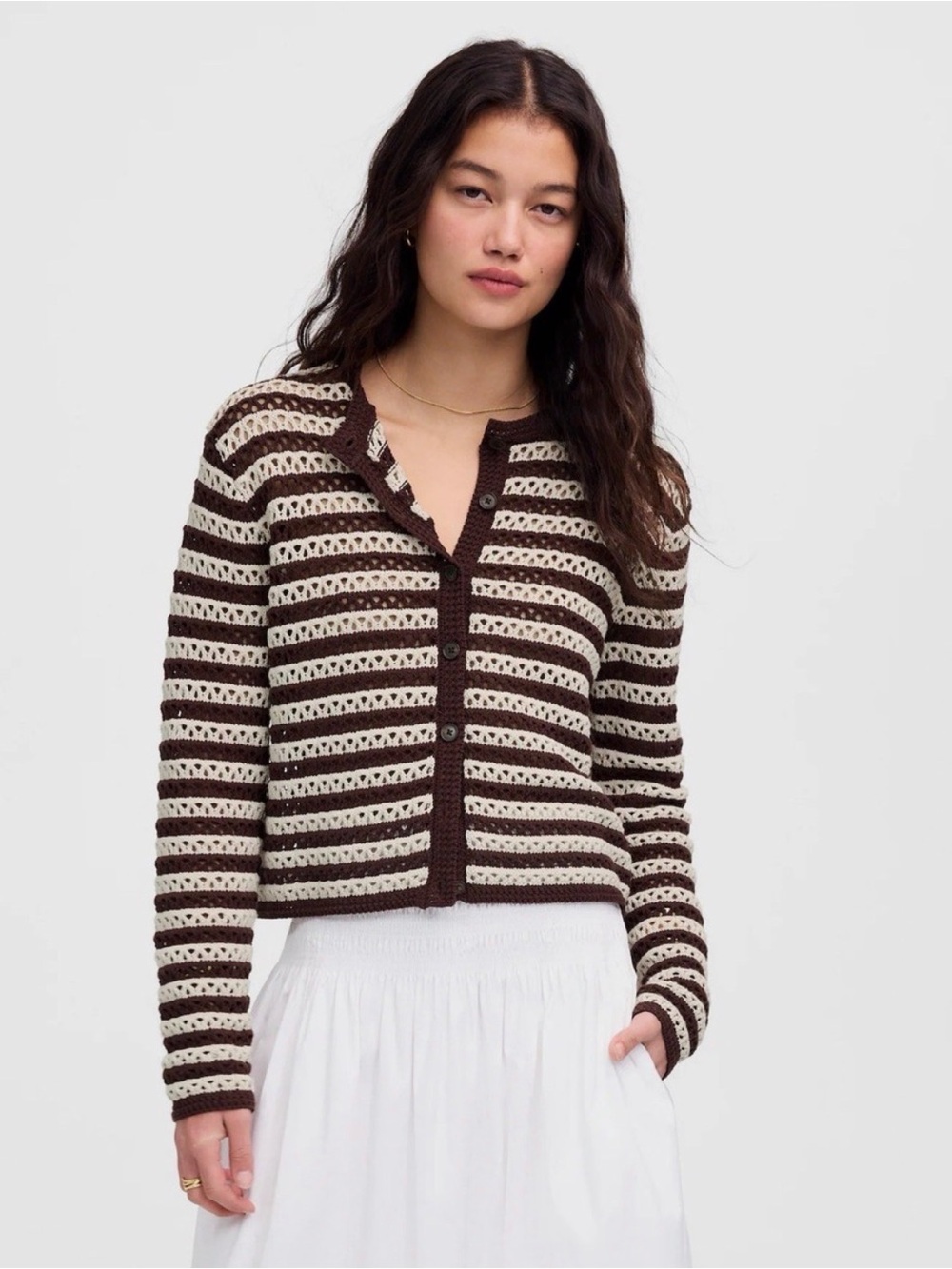 Striped Crochet Cardigan Sweater - Brown & Cream